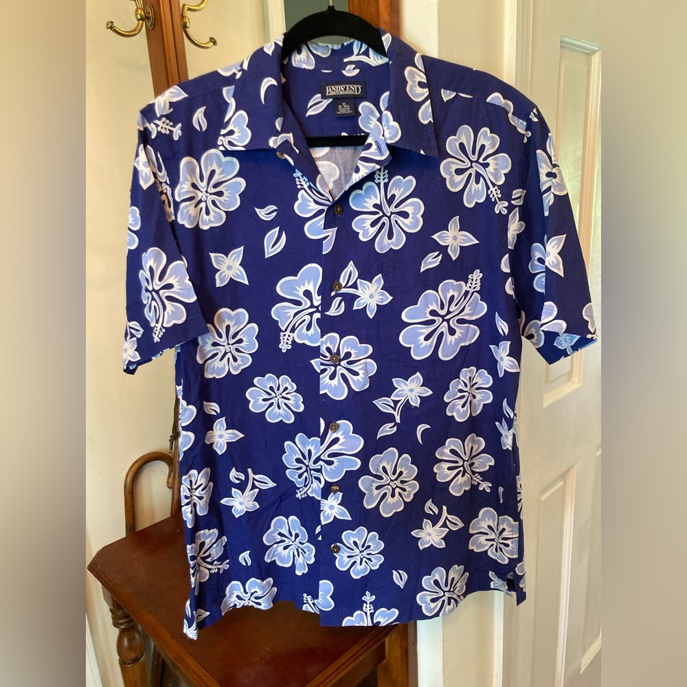 MENS HAWAIIAN SHIRT Land’s End M 15-15 1/2 Reg TIKI PARTY Blue Hibiscus …